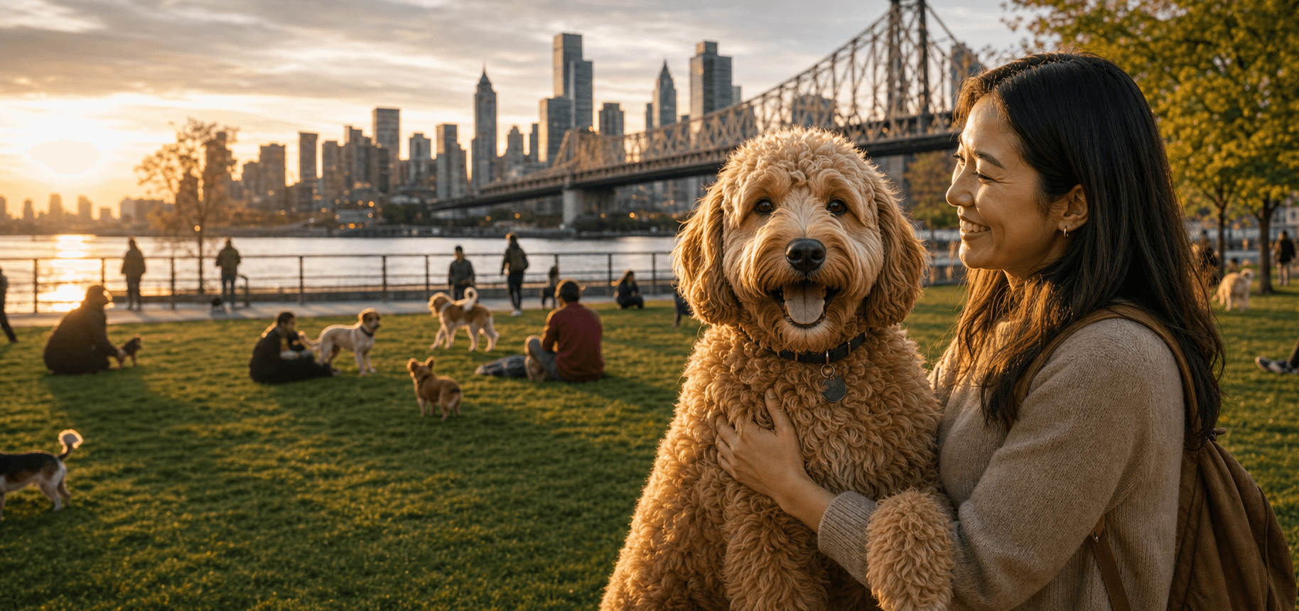 Dog parent holding a dog in the neighborhood.