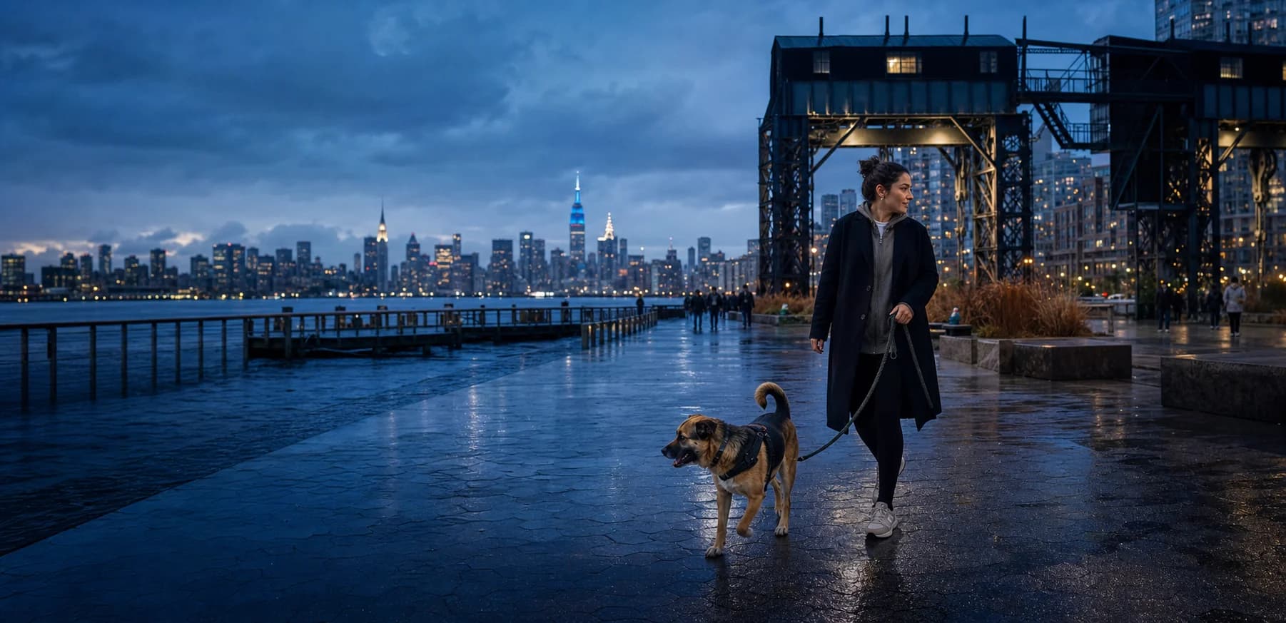 A dog and owner walking along the Long Island City waterfront at blue hour.