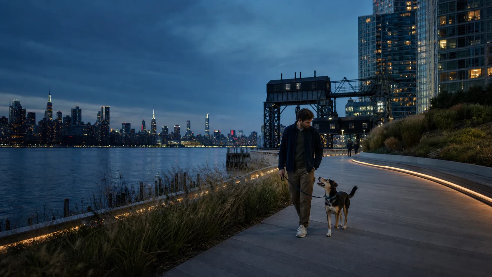 Dog parent walking beside the Long Island City waterfront.