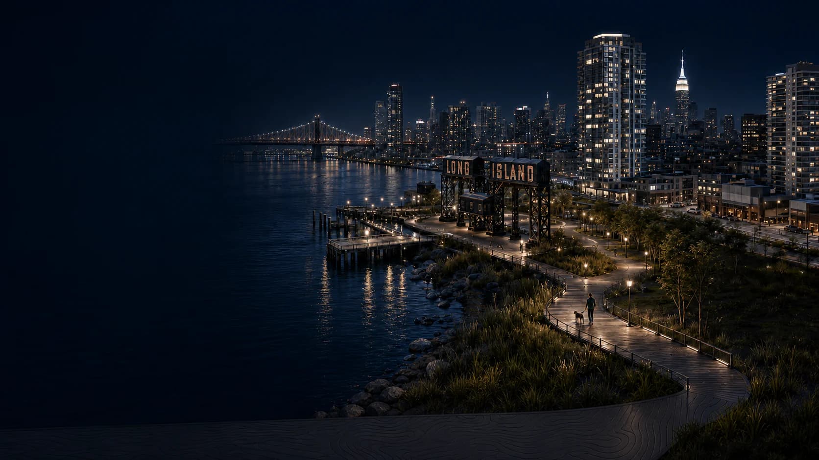 Long Island City waterfront and Gantry Plaza seen through a neighborhood atlas treatment.
