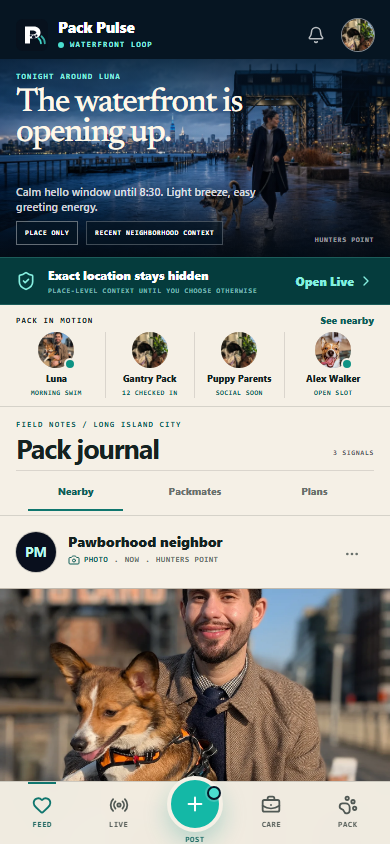 Pawborhood Pack Pulse showing a local journal, familiar dogs, and current neighborhood context.