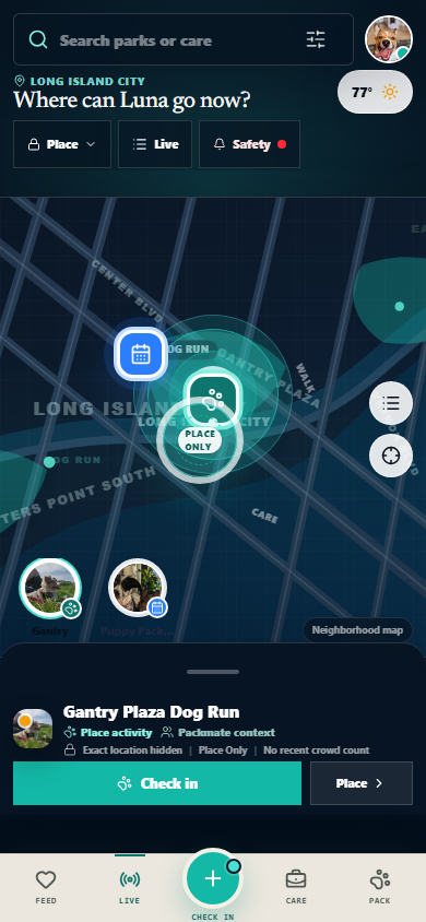 Pawborhood Live with Long Island City places, layered map controls, and Place Only privacy.
