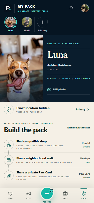 Pawborhood My Pack with real Pawfiles, owner-controlled relationship tools, and exact location hidden.