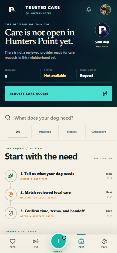 Pawborhood Care showing local availability, readiness, and a clear care request path.