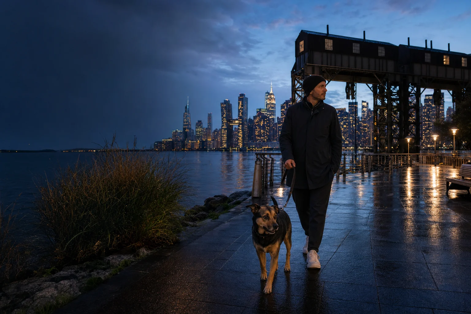 A dog and owner walking along the Long Island City waterfront at blue hour.